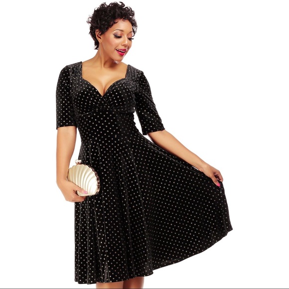 COLLECTIVE Velvet Glitter Polka Dot Print Swing Dress, Retro Pinup - Picture 2 of 5